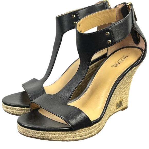 Michael Kors Black T-Strap Women's Wedge Sandals Size 7.5 - Picture 1 of 11